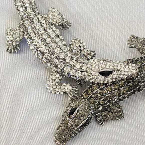 Large Statement Silver with Cubic Zirconia Crystals Double Alligator Necklace - Picture 5 of 9